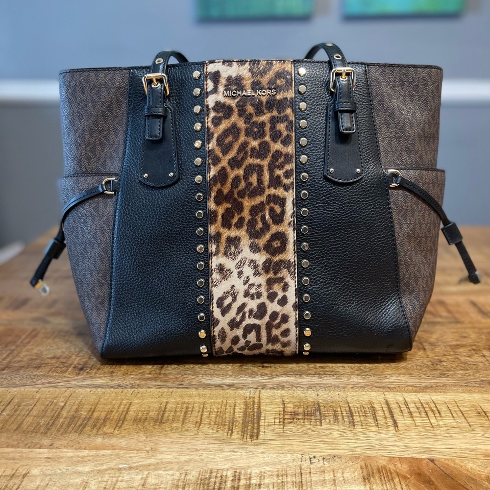 Michael Kors Black and Brown Leopard Print Tote